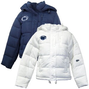women's navy and white puffer jackets with embroidered Penn State Athletic Logo on right chest